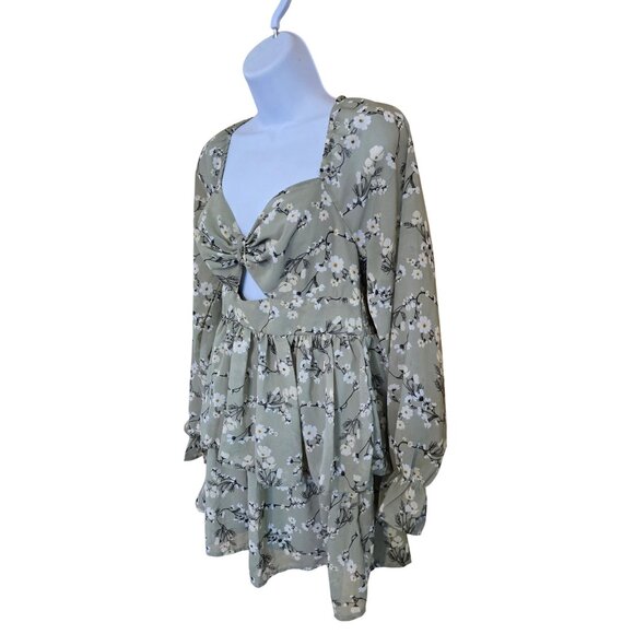 Green Floral Long Sleeve Boho Dress Cute Tiered peasant cottagecore flower power - Picture 3 of 9